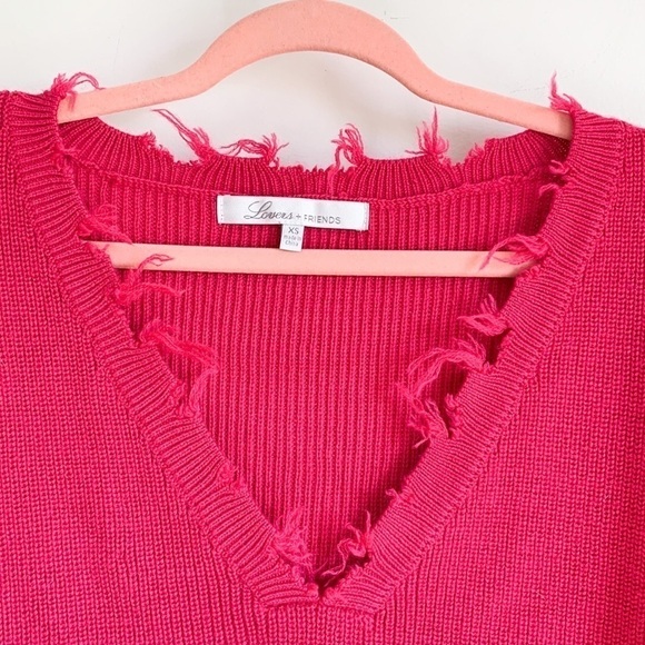 Lovers + Friends Prospect Fray Hem Barbie Pink Fuchsia V neck Cropped Sweater - Picture 6 of 10